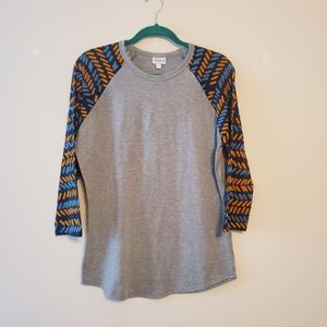Lularoe Randy Gray Blue Yellow 3/4 Sleeve Top